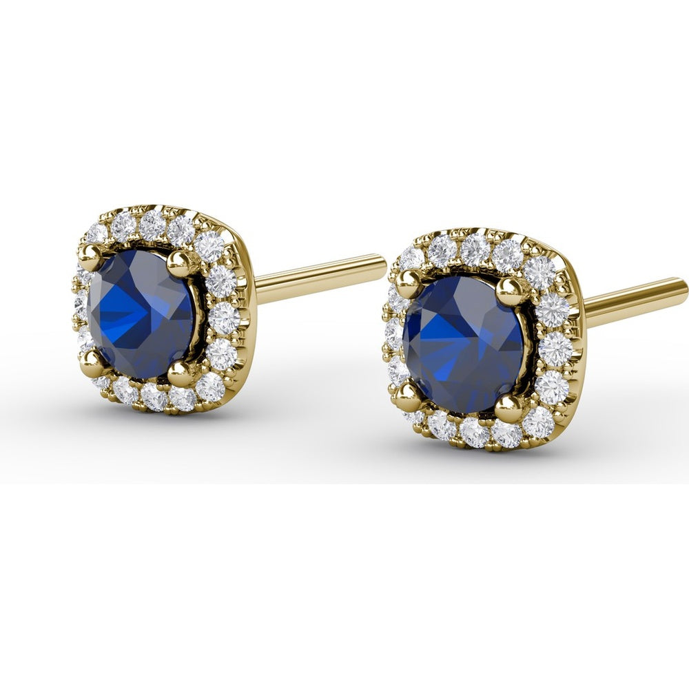 Cushion Cut Sapphire Stud Earrings with Pavé Diamond Halo by Fana - 0.84 Carat Total Gemstone Weight
