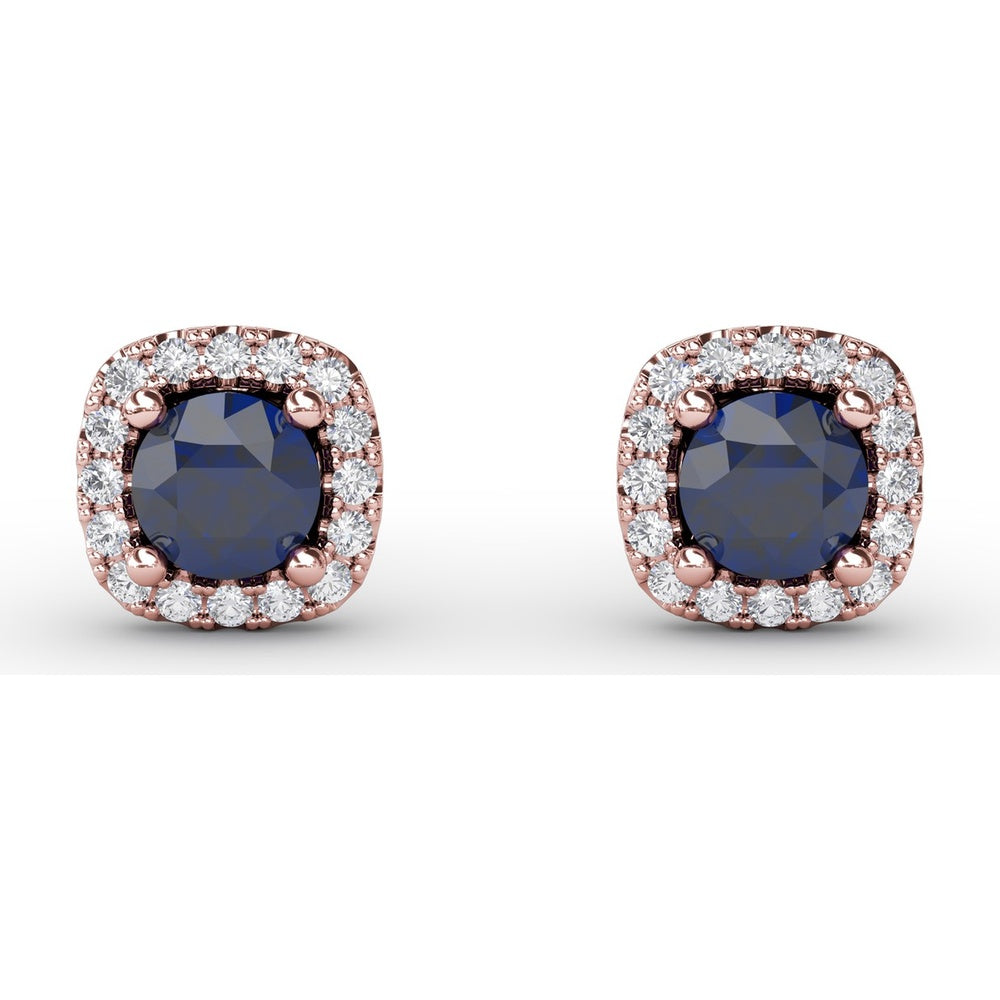 Cushion Cut Sapphire Stud Earrings with Pavé Diamond Halo by Fana - 0.84 Carat Total Gemstone Weight