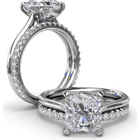 Cushion Cut Solitaire Engagement Ring Setting with Split Shank and Hidden Sapphire Detail by Fana