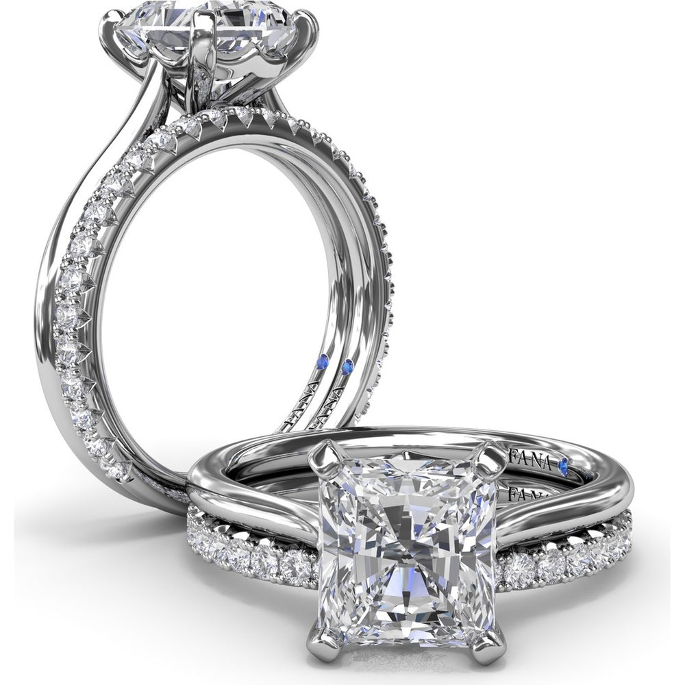Cushion Cut Solitaire Engagement Ring Setting with Split Shank and Hidden Sapphire Detail by Fana