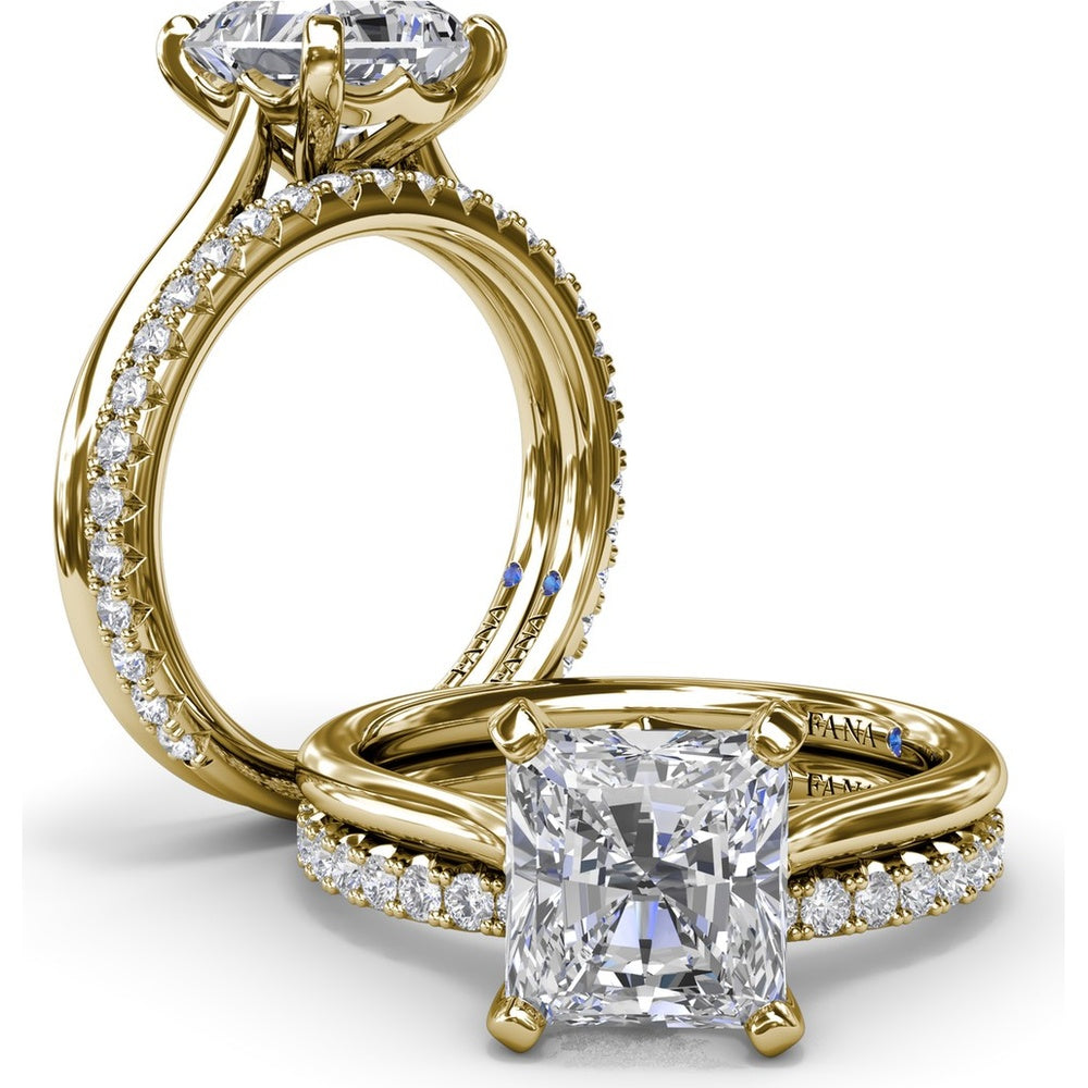 Cushion Cut Solitaire Engagement Ring Setting with Split Shank and Hidden Sapphire Detail by Fana