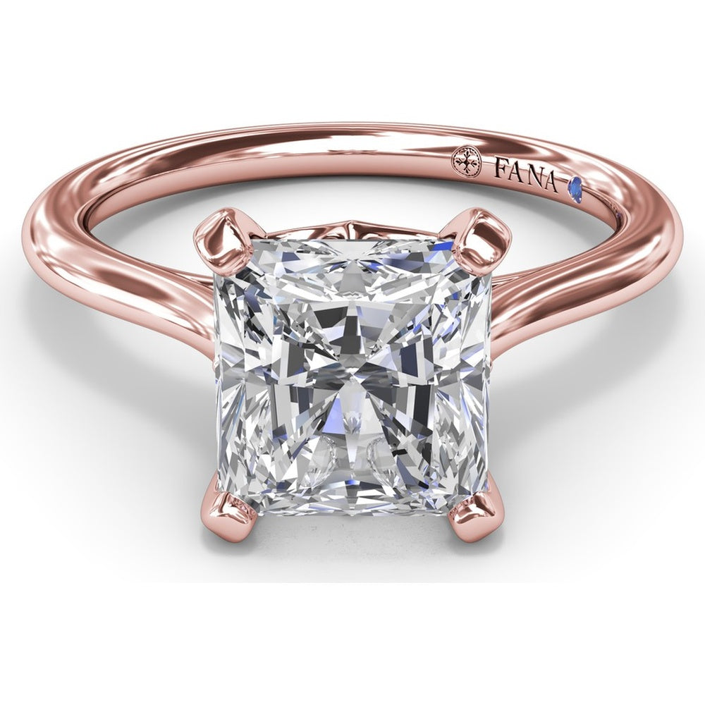 Cushion Cut Solitaire Engagement Ring Setting with Split Shank and Hidden Sapphire Detail by Fana