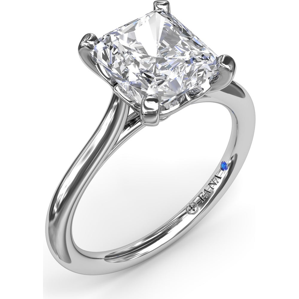 Cushion Cut Solitaire Engagement Ring Setting with Split Shank and Hidden Sapphire Detail by Fana