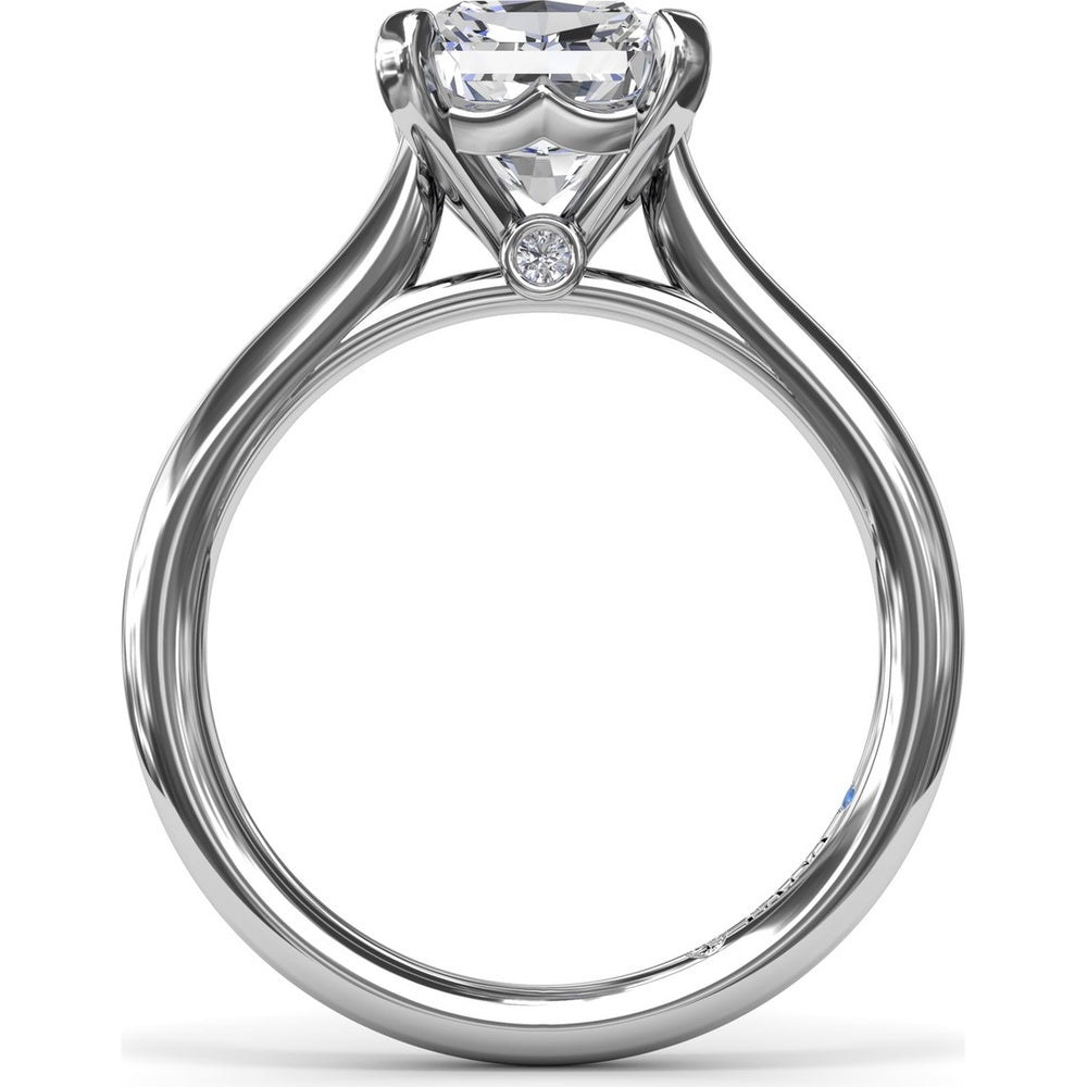 Cushion Cut Solitaire Engagement Ring Setting with Split Shank and Hidden Sapphire Detail by Fana