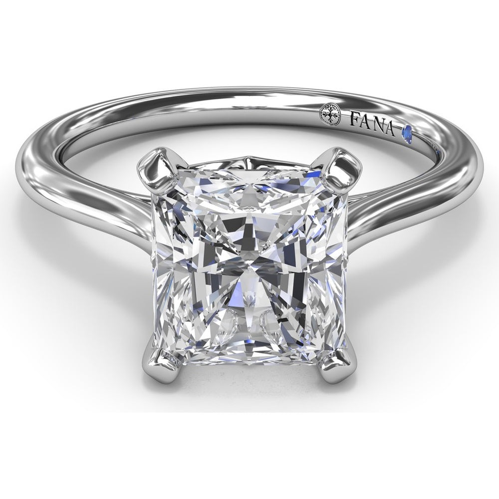 Cushion Cut Solitaire Engagement Ring Setting with Split Shank and Hidden Sapphire Detail by Fana