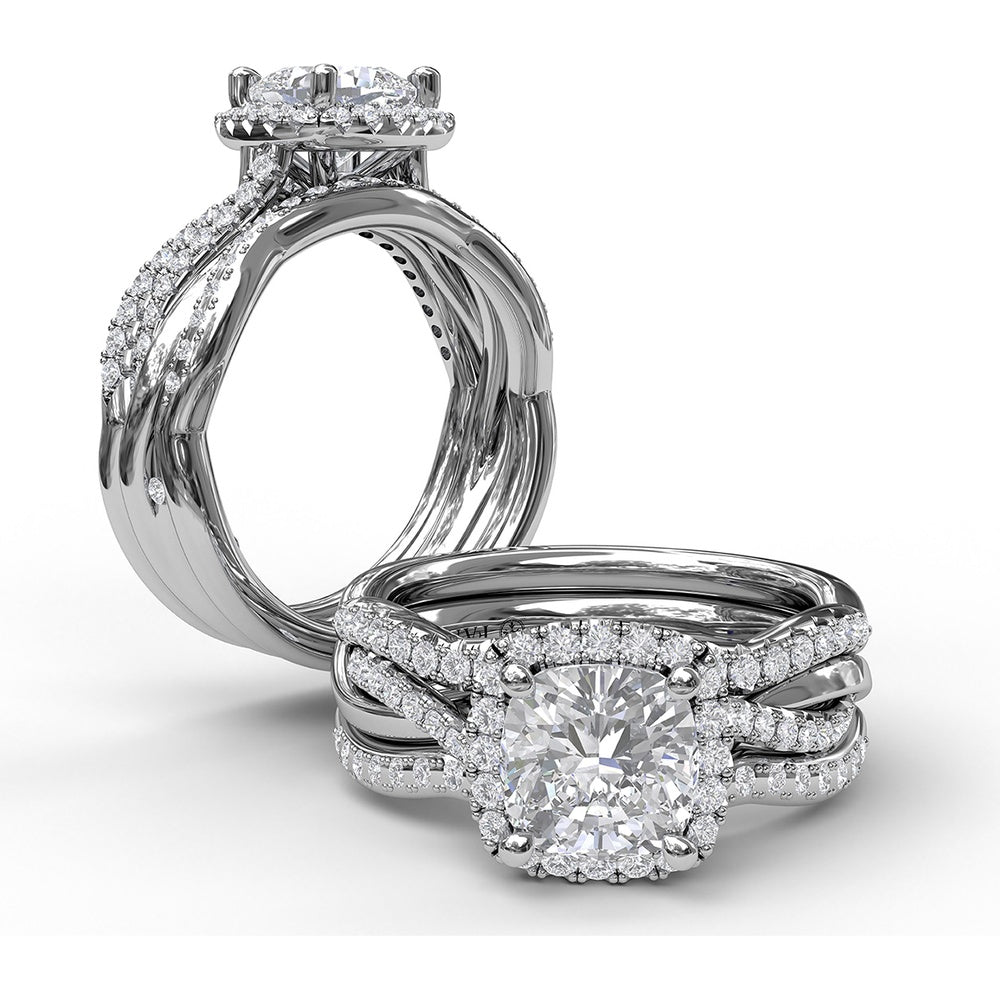 Cushion Halo Engagement Ring Setting with Criss Cross Pavé Diamond Band by Fana - 0.30 Carat Total Diamond Weight