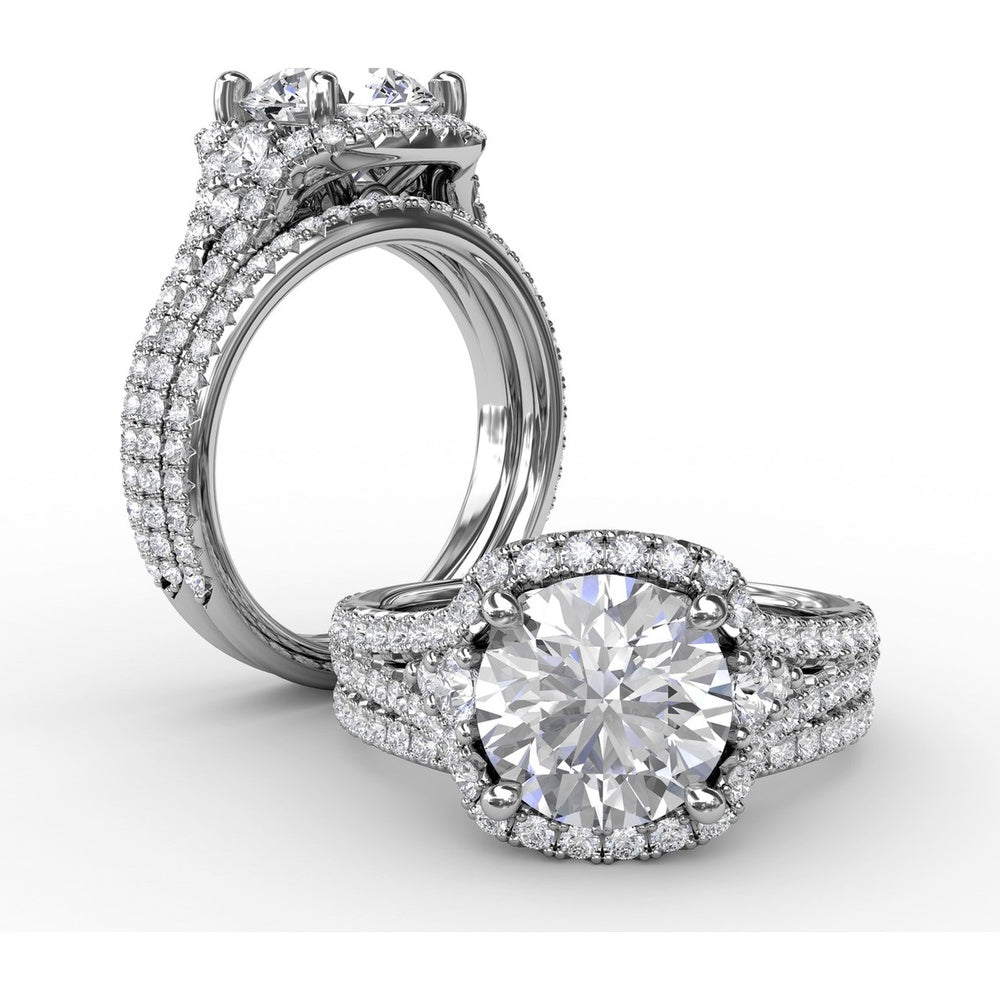 Cushion Halo Engagement Ring Setting with Double-Row Diamond Band and Side Stones by Fana - 0.90 Carat Total Diamond Weight