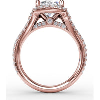Cushion Halo Engagement Ring Setting with Double-Row Diamond Band and Side Stones by Fana - 0.90 Carat Total Diamond Weight