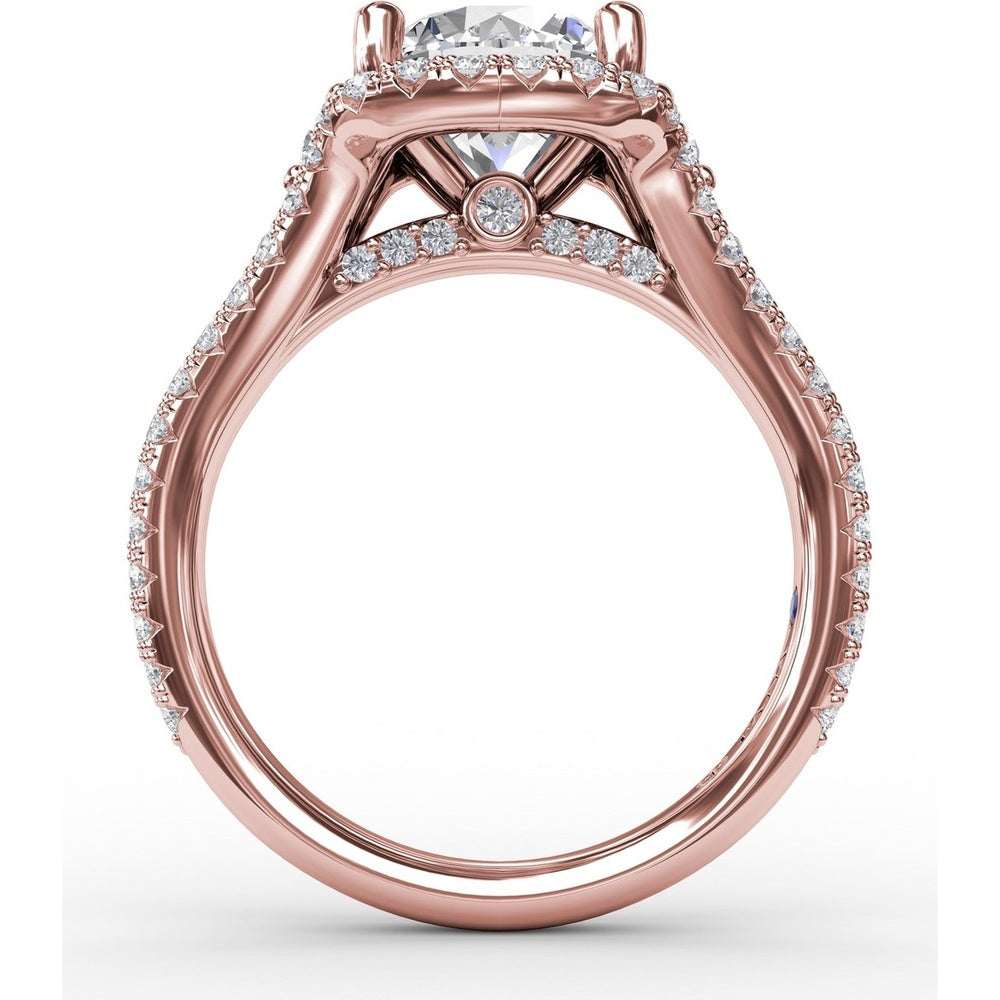 Cushion Halo Engagement Ring Setting with Double-Row Diamond Band and Side Stones by Fana - 0.90 Carat Total Diamond Weight