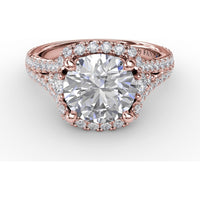 Cushion Halo Engagement Ring Setting with Double-Row Diamond Band and Side Stones by Fana - 0.90 Carat Total Diamond Weight