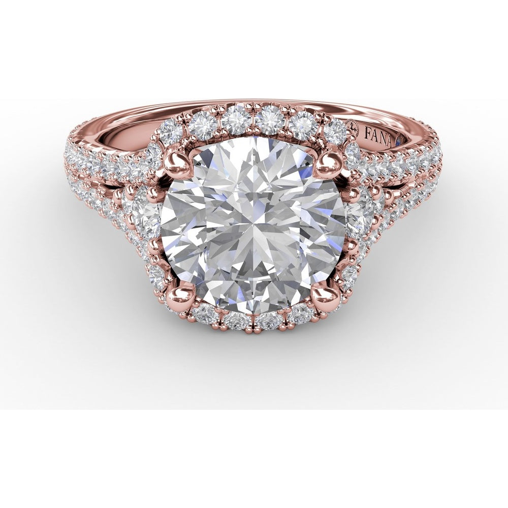 Cushion Halo Engagement Ring Setting with Double-Row Diamond Band and Side Stones by Fana - 0.90 Carat Total Diamond Weight