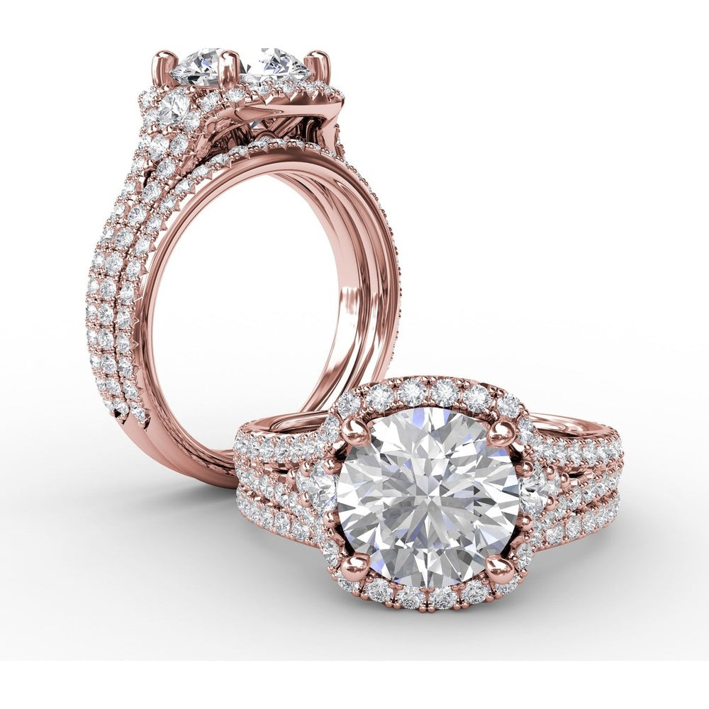 Cushion Halo Engagement Ring Setting with Double-Row Diamond Band and Side Stones by Fana - 0.90 Carat Total Diamond Weight
