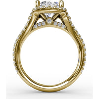 Cushion Halo Engagement Ring Setting with Double-Row Diamond Band and Side Stones by Fana - 0.90 Carat Total Diamond Weight