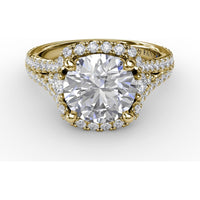 Cushion Halo Engagement Ring Setting with Double-Row Diamond Band and Side Stones by Fana - 0.90 Carat Total Diamond Weight