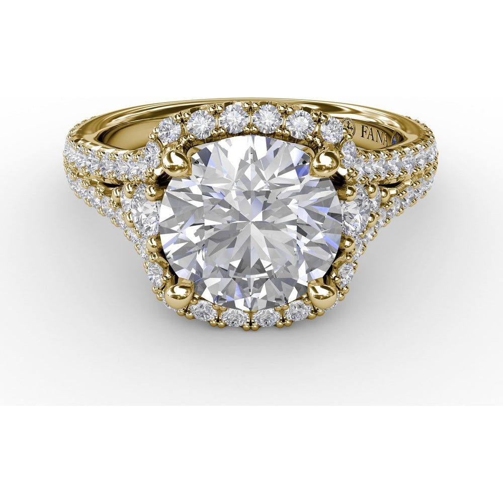 Cushion Halo Engagement Ring Setting with Double-Row Diamond Band and Side Stones by Fana - 0.90 Carat Total Diamond Weight