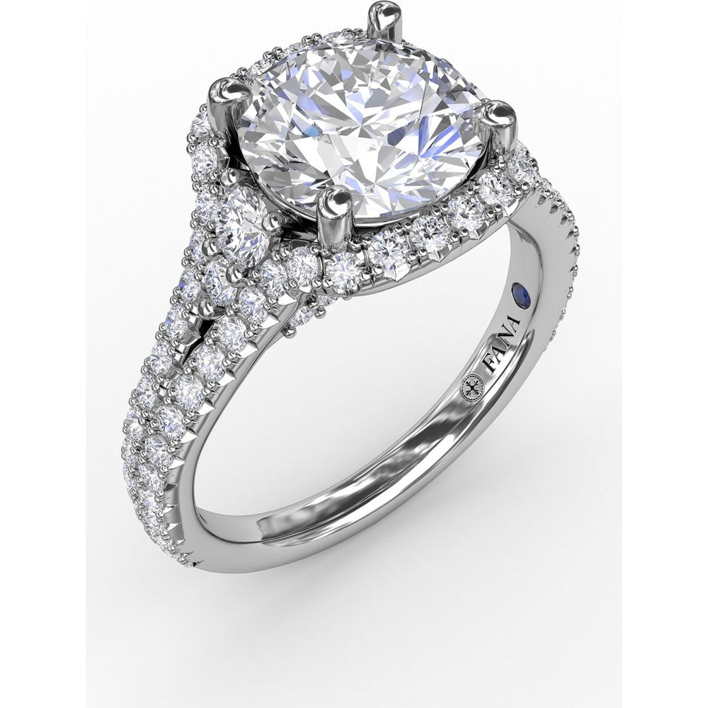 Cushion Halo Engagement Ring Setting with Double-Row Diamond Band and Side Stones by Fana - 0.90 Carat Total Diamond Weight