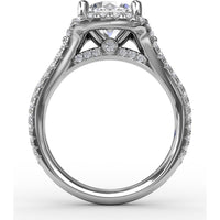 Cushion Halo Engagement Ring Setting with Double-Row Diamond Band and Side Stones by Fana - 0.90 Carat Total Diamond Weight