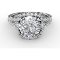 Cushion Halo Engagement Ring Setting with Double-Row Diamond Band and Side Stones by Fana - 0.90 Carat Total Diamond Weight
