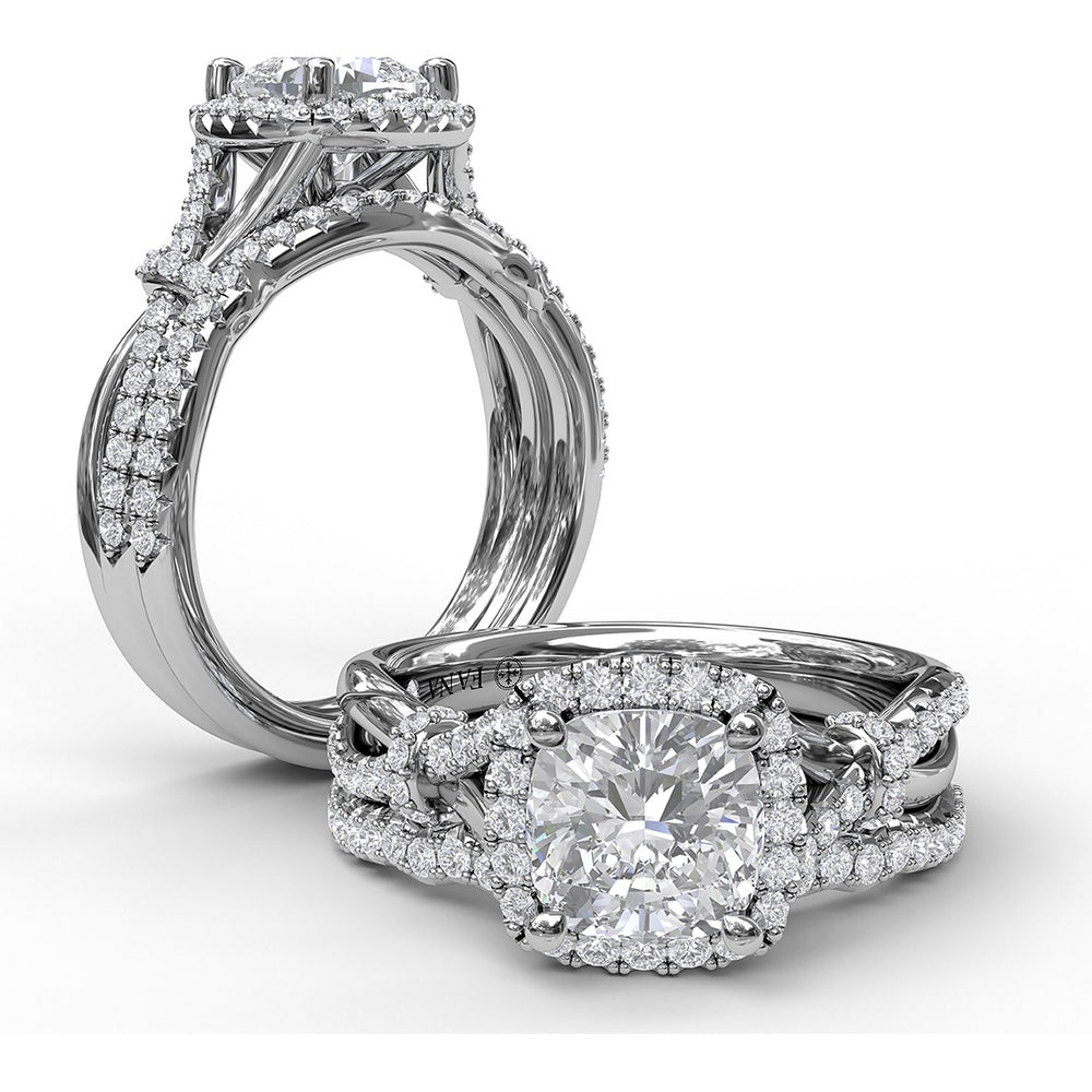 Cushion Halo Engagement Ring Setting with Interwoven Pavé Band by Fana - 0.41 Carat Total Diamond Weight