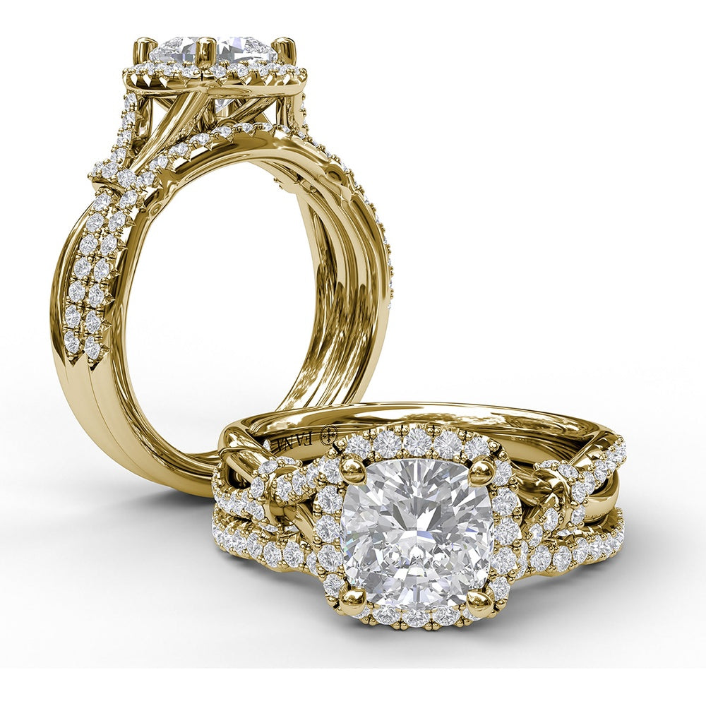 Cushion Halo Engagement Ring Setting with Interwoven Pavé Band by Fana - 0.41 Carat Total Diamond Weight
