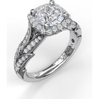 Cushion Halo Engagement Ring Setting with Leaf Motif Split Shank and Pavé Diamonds by Fana - 0.44 Carat Total Diamond Weight