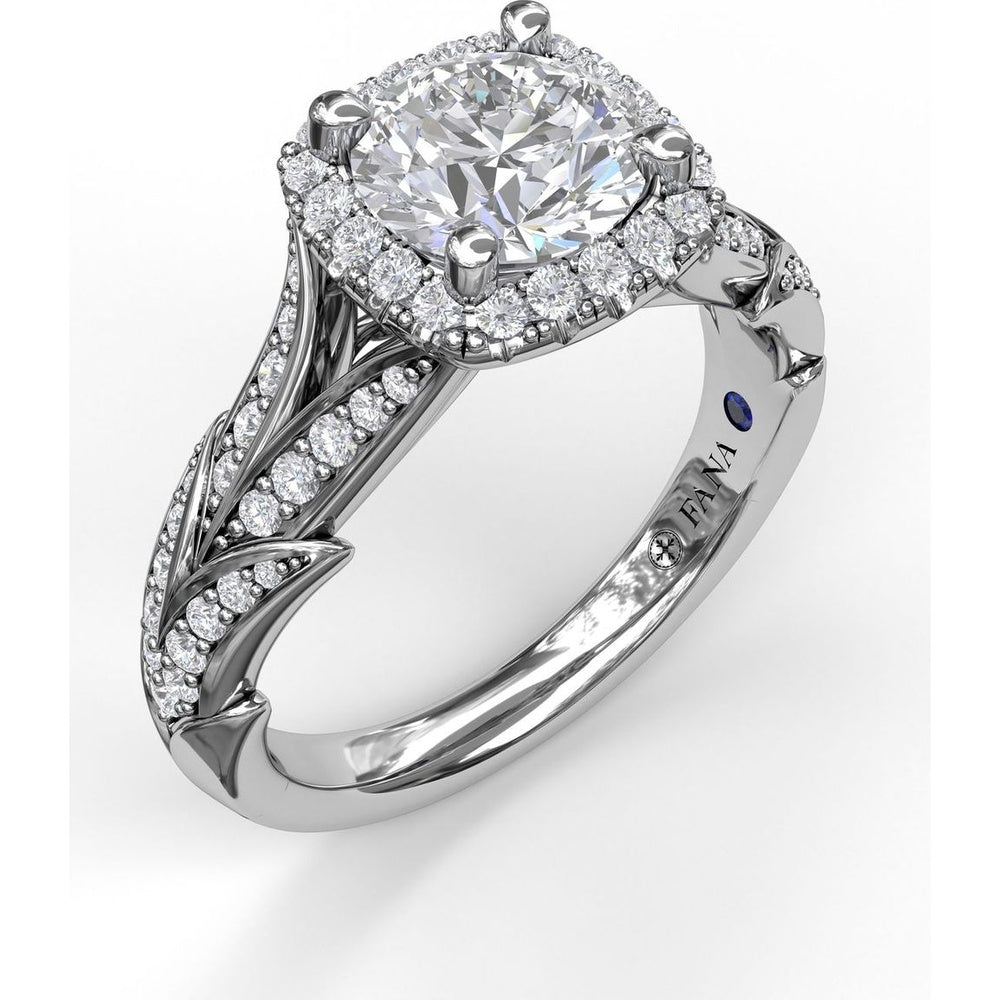 Cushion Halo Engagement Ring Setting with Leaf Motif Split Shank and Pavé Diamonds by Fana - 0.44 Carat Total Diamond Weight