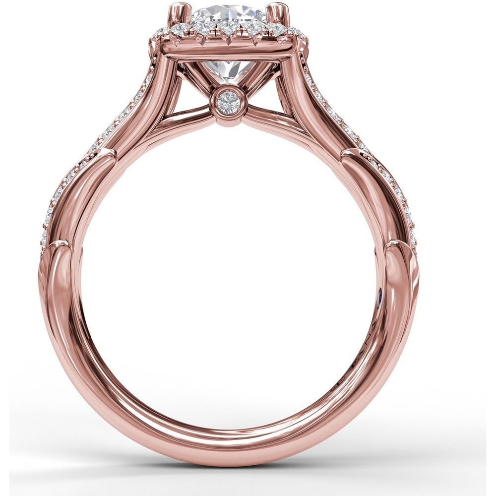 Cushion Halo Engagement Ring Setting with Leaf Motif Split Shank and Pavé Diamonds by Fana - 0.44 Carat Total Diamond Weight