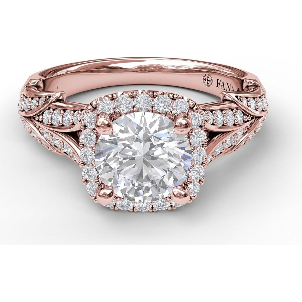 Cushion Halo Engagement Ring Setting with Leaf Motif Split Shank and Pavé Diamonds by Fana - 0.44 Carat Total Diamond Weight