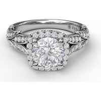Cushion Halo Engagement Ring Setting with Leaf Motif Split Shank and Pavé Diamonds by Fana - 0.44 Carat Total Diamond Weight