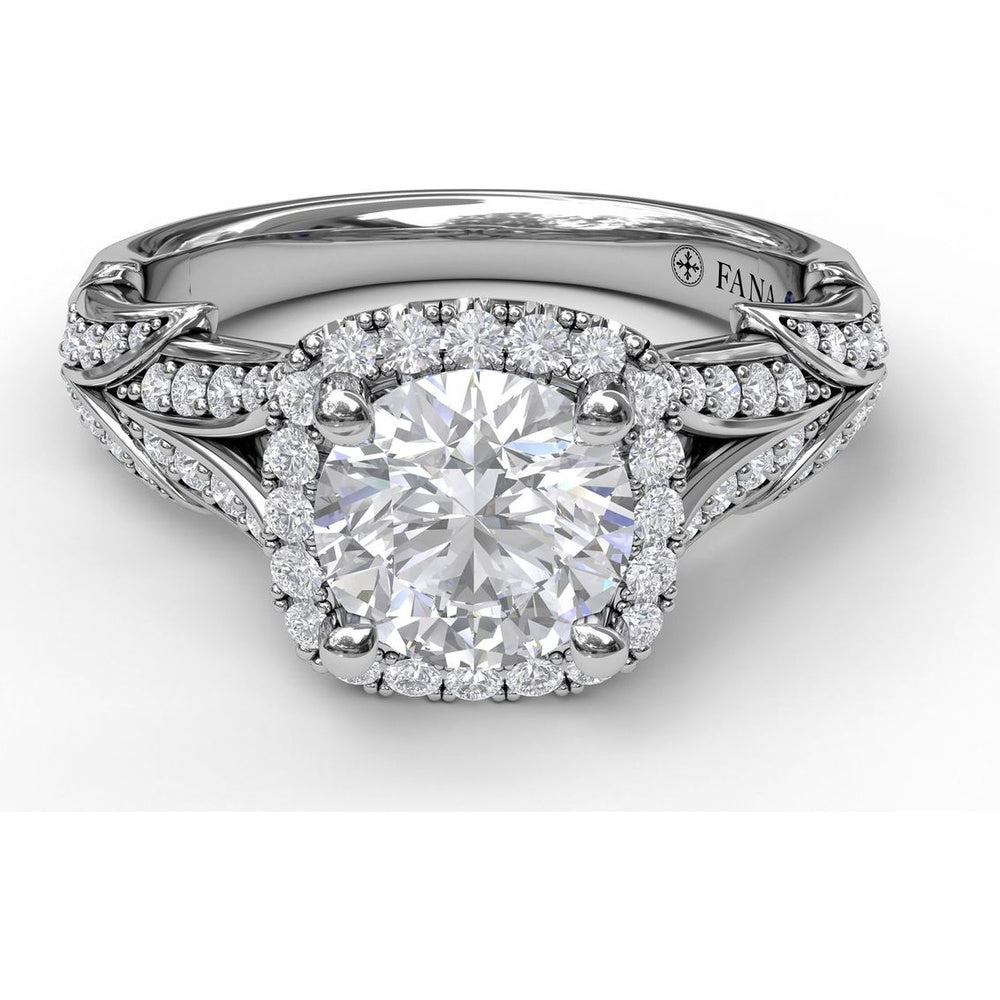Cushion Halo Engagement Ring Setting with Leaf Motif Split Shank and Pavé Diamonds by Fana - 0.44 Carat Total Diamond Weight