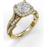 Cushion Halo Engagement Ring Setting with Leaf Motif Split Shank and Pavé Diamonds by Fana - 0.44 Carat Total Diamond Weight