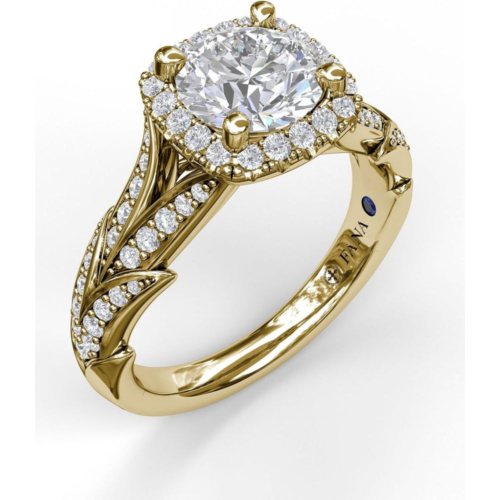 Cushion Halo Engagement Ring Setting with Leaf Motif Split Shank and Pavé Diamonds by Fana - 0.44 Carat Total Diamond Weight