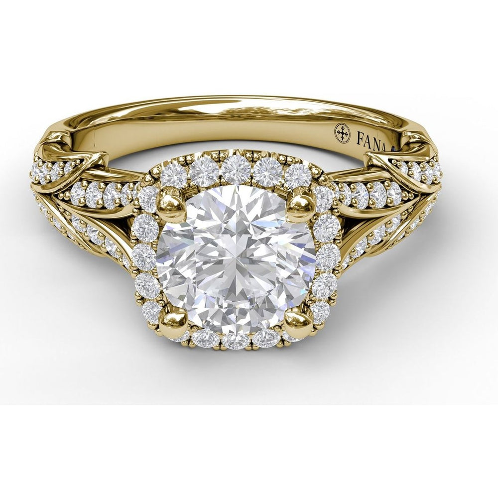Cushion Halo Engagement Ring Setting with Leaf Motif Split Shank and Pavé Diamonds by Fana - 0.44 Carat Total Diamond Weight