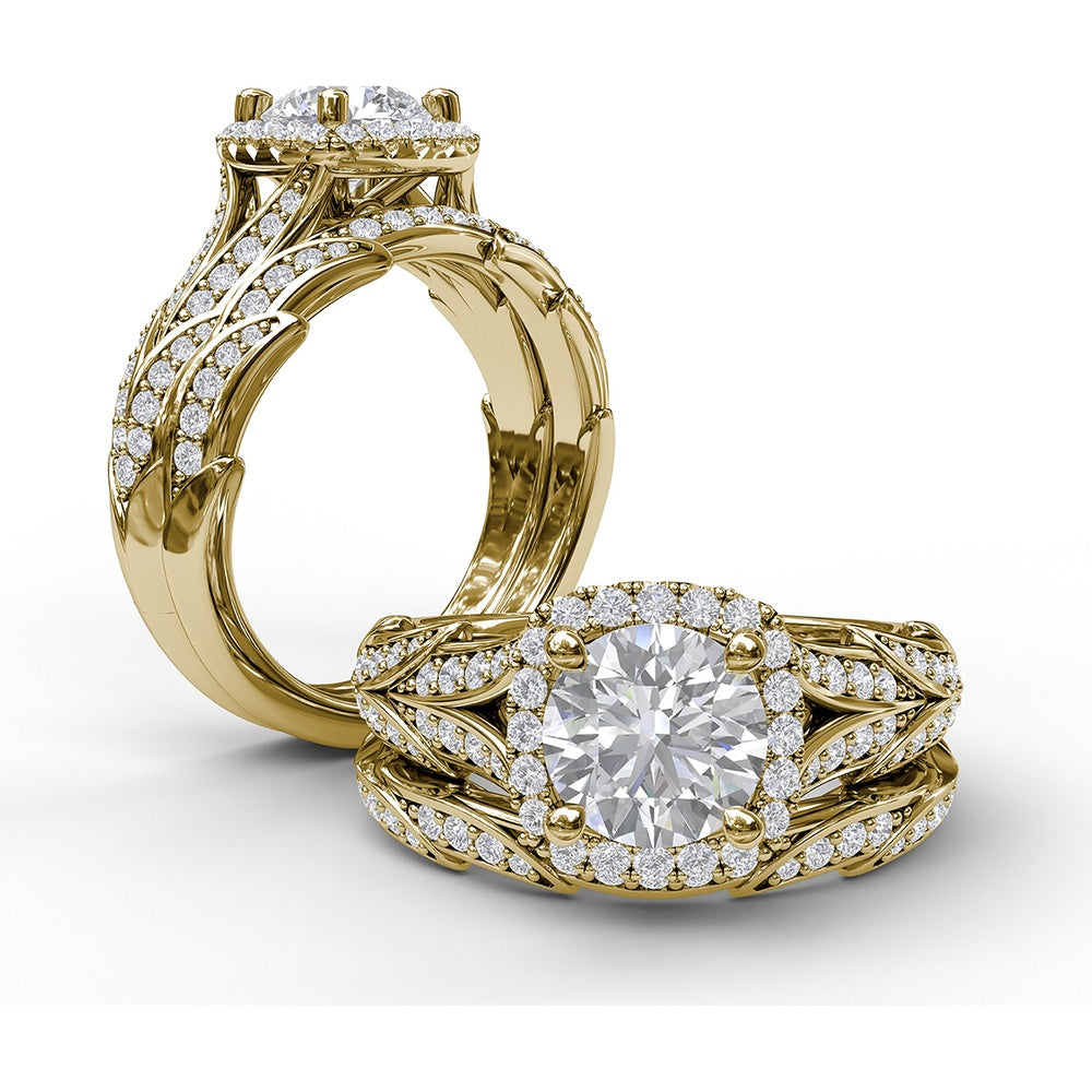 Cushion Halo Engagement Ring Setting with Leaf Motif Split Shank and Pavé Diamonds by Fana - 0.44 Carat Total Diamond Weight
