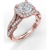 Cushion Halo Engagement Ring Setting with Leaf Motif Split Shank and Pavé Diamonds by Fana - 0.44 Carat Total Diamond Weight