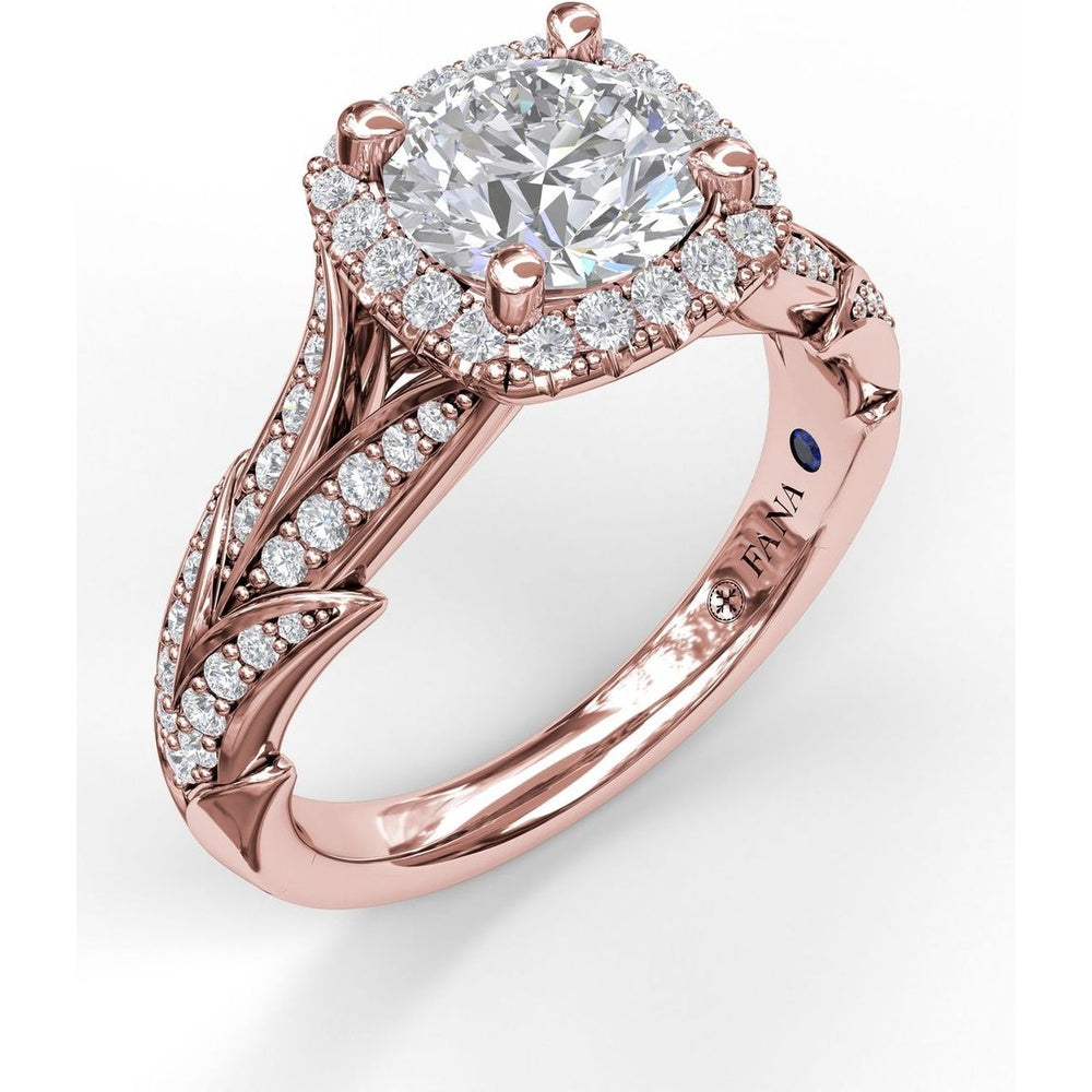 Cushion Halo Engagement Ring Setting with Leaf Motif Split Shank and Pavé Diamonds by Fana - 0.44 Carat Total Diamond Weight