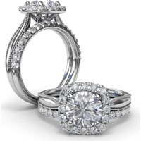 Cushion Halo Engagement Ring Setting with Milgrain Split Shank - Round Diamond Halo by Fana - 0.30 Carat Total Diamond Weight