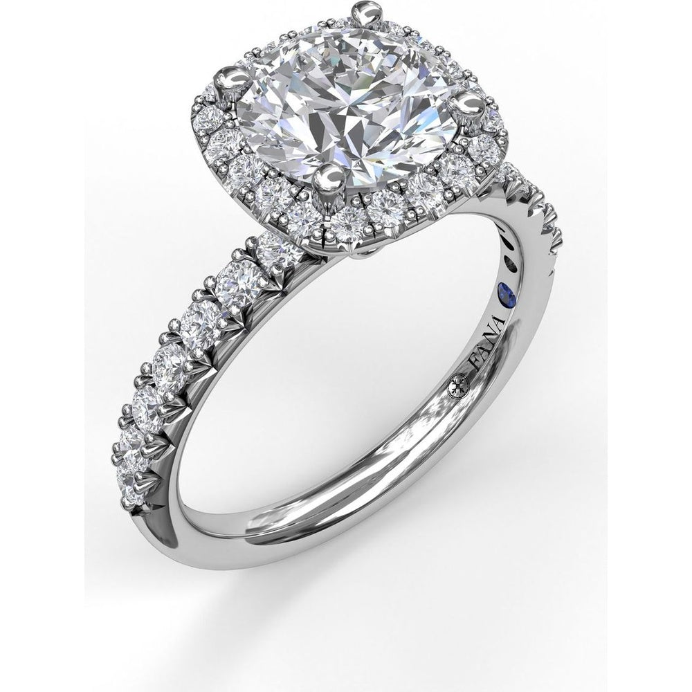 Cushion Halo Engagement Ring Setting with Pavé Band and Hidden Diamond Detail by Fana - 0.63 Carat Total Diamond Weight