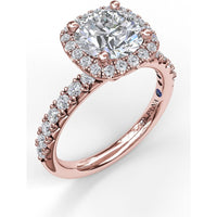 Cushion Halo Engagement Ring Setting with Pavé Band and Hidden Diamond Detail by Fana - 0.63 Carat Total Diamond Weight