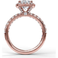 Cushion Halo Engagement Ring Setting with Pavé Band and Hidden Diamond Detail by Fana - 0.63 Carat Total Diamond Weight