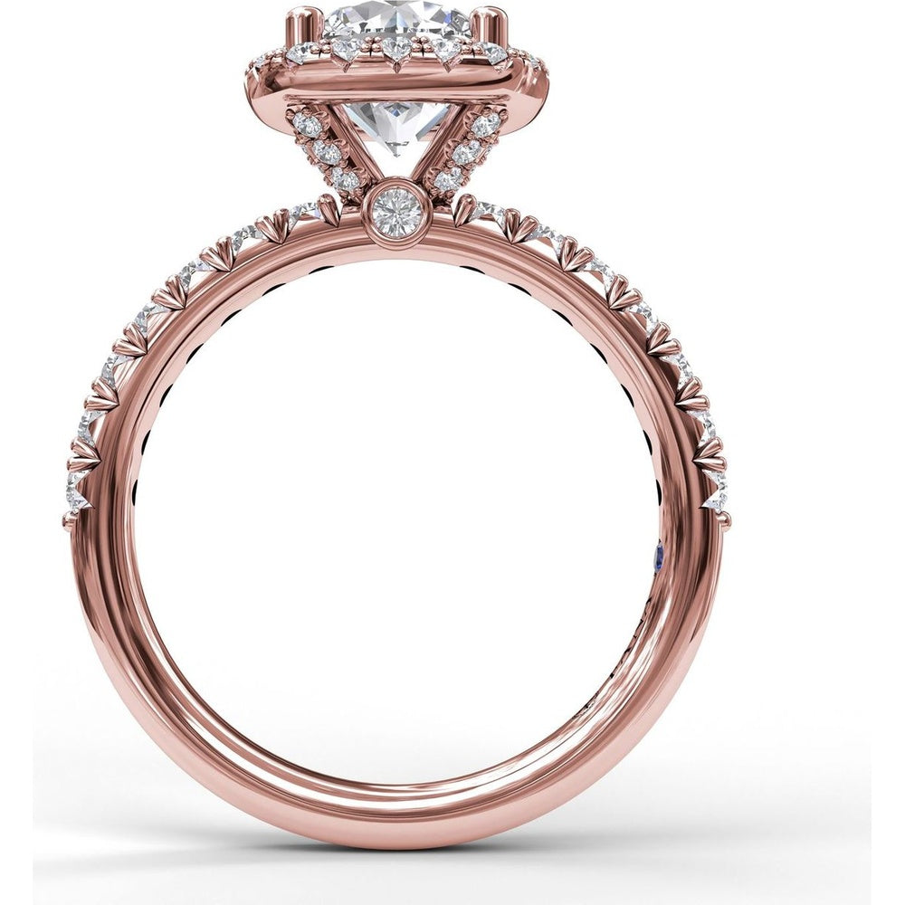 Cushion Halo Engagement Ring Setting with Pavé Band and Hidden Diamond Detail by Fana - 0.63 Carat Total Diamond Weight