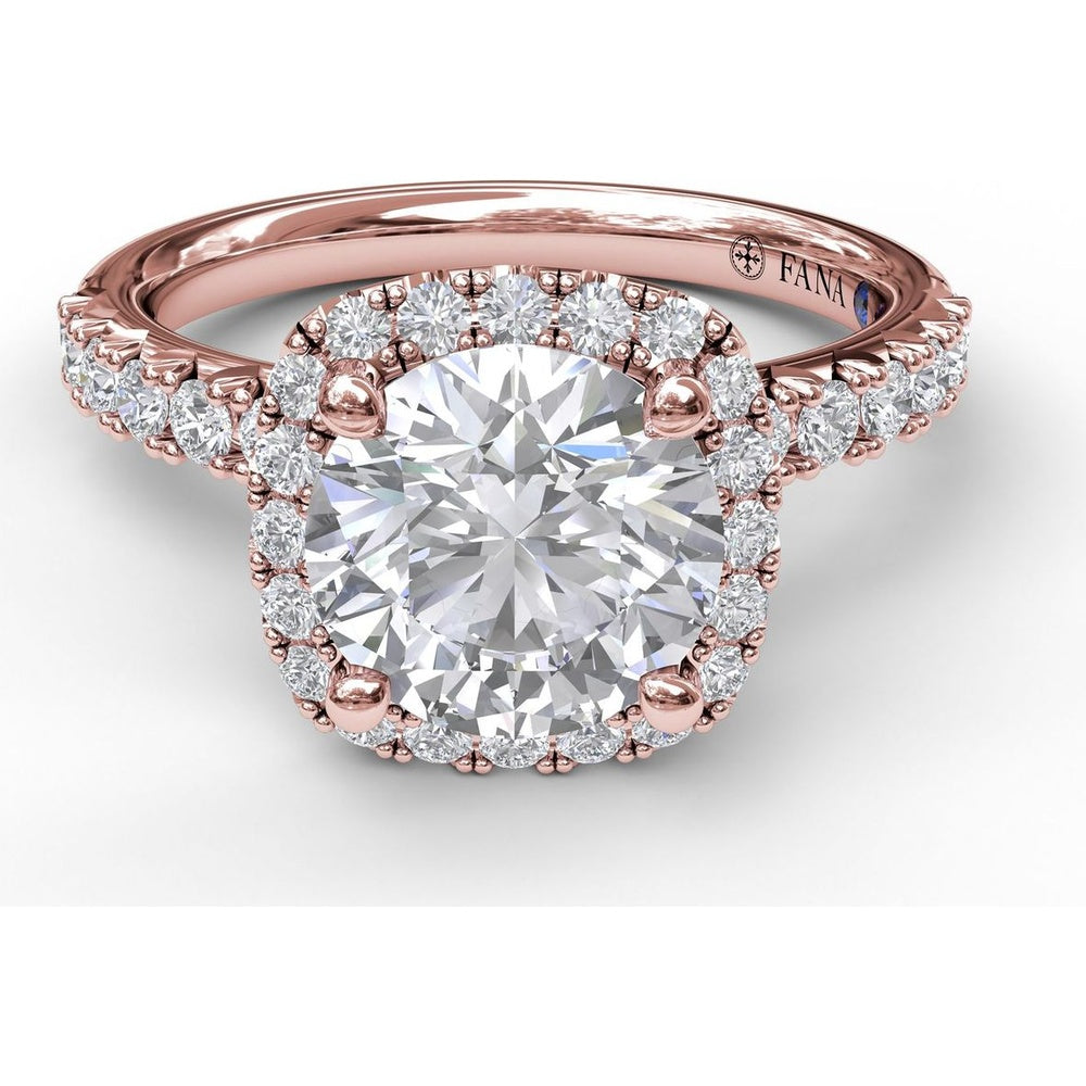 Cushion Halo Engagement Ring Setting with Pavé Band and Hidden Diamond Detail by Fana - 0.63 Carat Total Diamond Weight