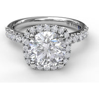 Cushion Halo Engagement Ring Setting with Pavé Band and Hidden Diamond Detail by Fana - 0.63 Carat Total Diamond Weight