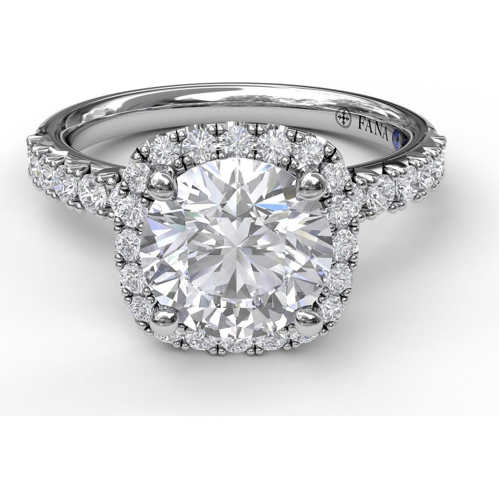 Cushion Halo Engagement Ring Setting with Pavé Band and Hidden Diamond Detail by Fana - 0.63 Carat Total Diamond Weight