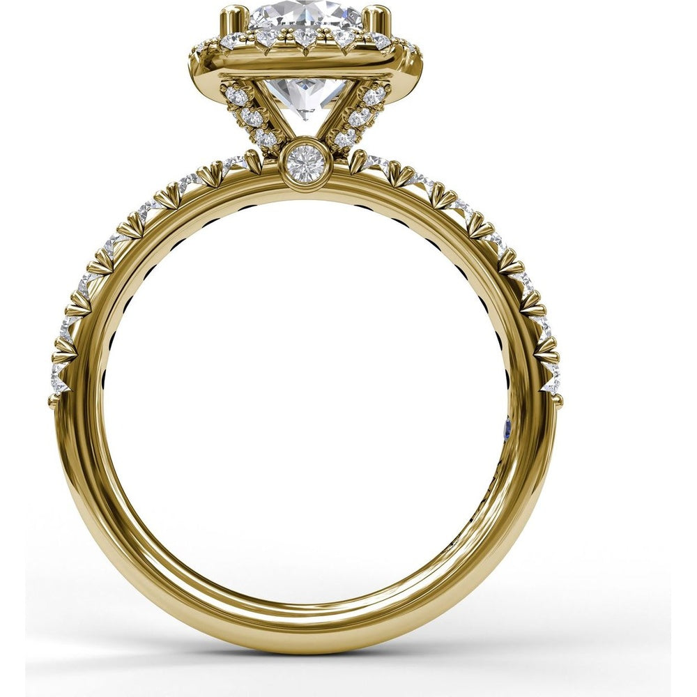 Cushion Halo Engagement Ring Setting with Pavé Band and Hidden Diamond Detail by Fana - 0.63 Carat Total Diamond Weight