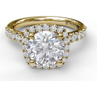 Cushion Halo Engagement Ring Setting with Pavé Band and Hidden Diamond Detail by Fana - 0.63 Carat Total Diamond Weight