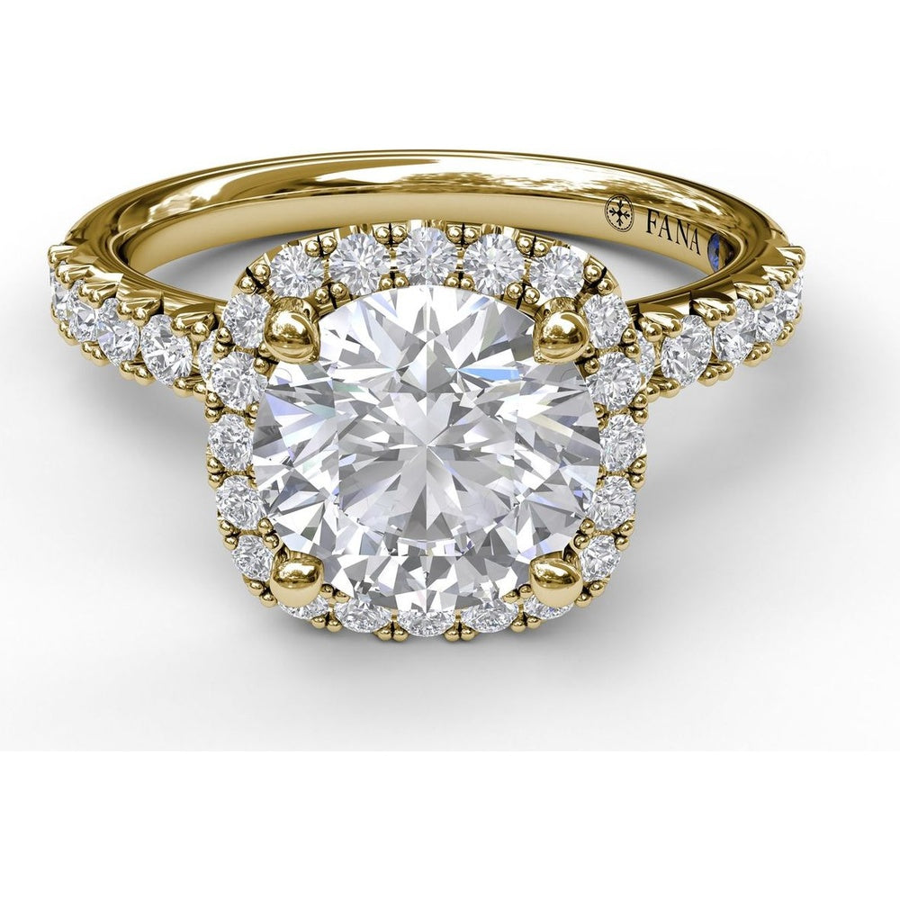 Cushion Halo Engagement Ring Setting with Pavé Band and Hidden Diamond Detail by Fana - 0.63 Carat Total Diamond Weight