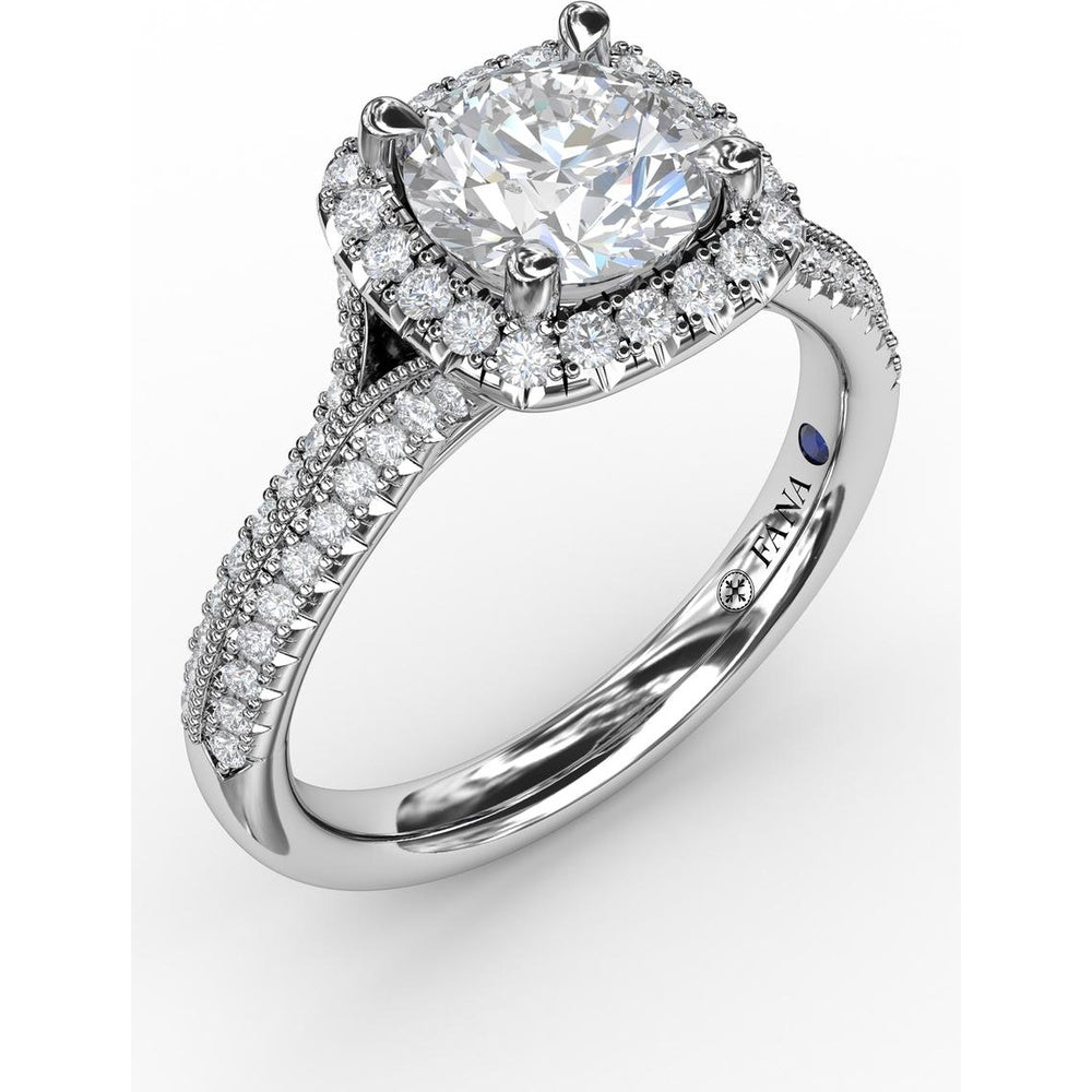 Cushion Halo Engagement Ring Setting with Round Brilliant Diamond Accents and Milgrain Detail by Fana - 0.41 Carat Total Diamond Weight