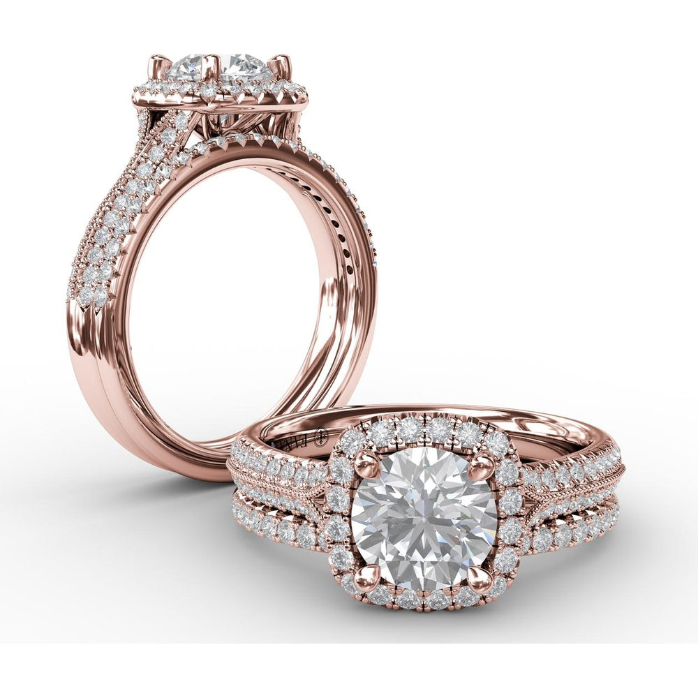 Cushion Halo Engagement Ring Setting with Round Brilliant Diamond Accents and Milgrain Detail by Fana - 0.41 Carat Total Diamond Weight