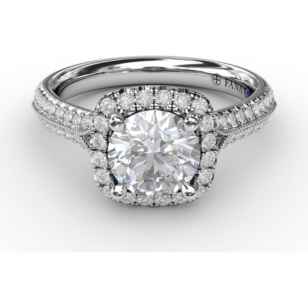 Cushion Halo Engagement Ring Setting with Round Brilliant Diamond Accents and Milgrain Detail by Fana - 0.41 Carat Total Diamond Weight